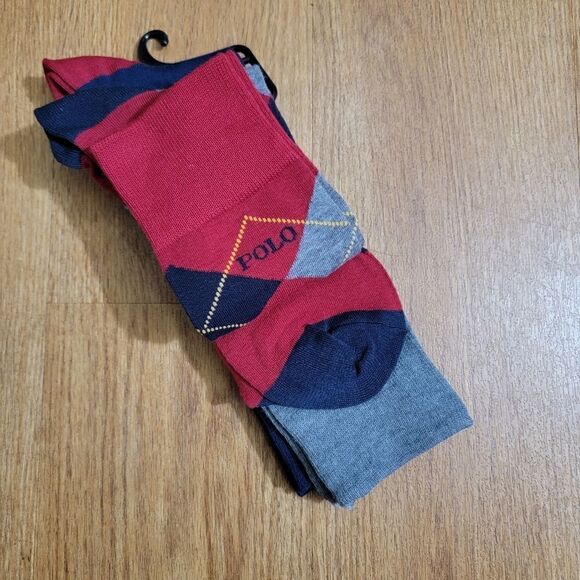 Polo Ralph Lauren Men's Dress Casual Crew Socks Argyle Solid Pattern Navy Gray - Picture 2 of 7